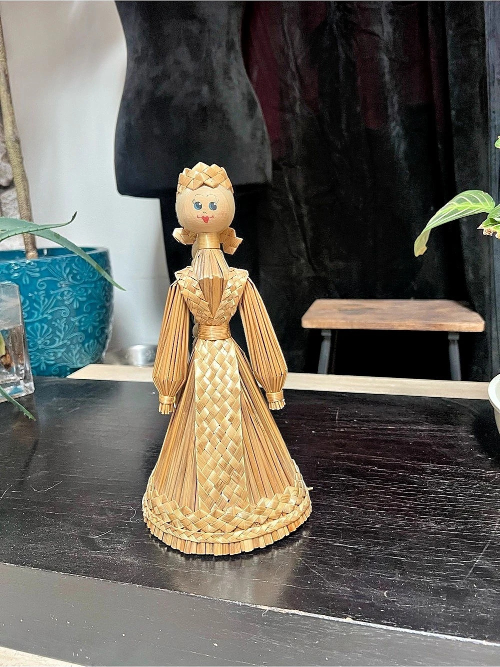 Handmade Woven Straw Doll Woman Folk Art Figurine Rustic Decor